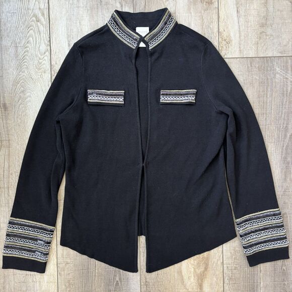 Chicos Women Black Open Front Beaded Cardigan Size 1 Mature Glam Christmas Party - Picture 3 of 15